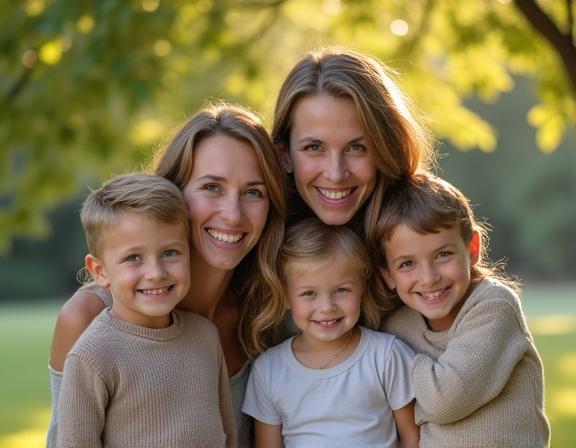 Sebuah keluarga gembira bergambar di taman