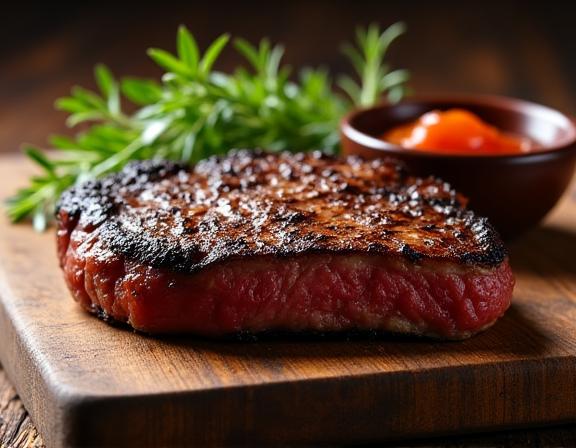 Hidangan stik yang dihidang atas papan kayu